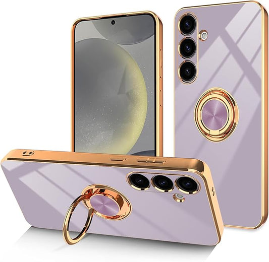Dinick Purple for Samsung Galaxy S24+ Case with Ring Holder Kickstand [with Magnetic] Soft TPU Bumper, Glitter Gold Electroplated Cover Slim Thin Protective Phone Case for Galaxy S24 Plus