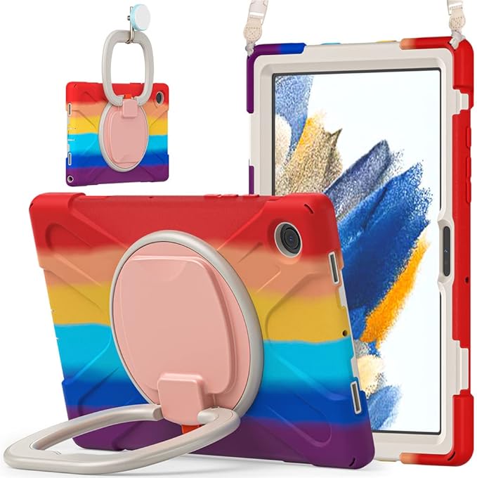 360 Rotation Case for Samsung Galaxy Tab A8 10.5" Sturdy Cover Rotate Ring Stand Shoulder Carrying Strap Hand Strap Rugged Children Adults Outdoor Case, Colourful Red