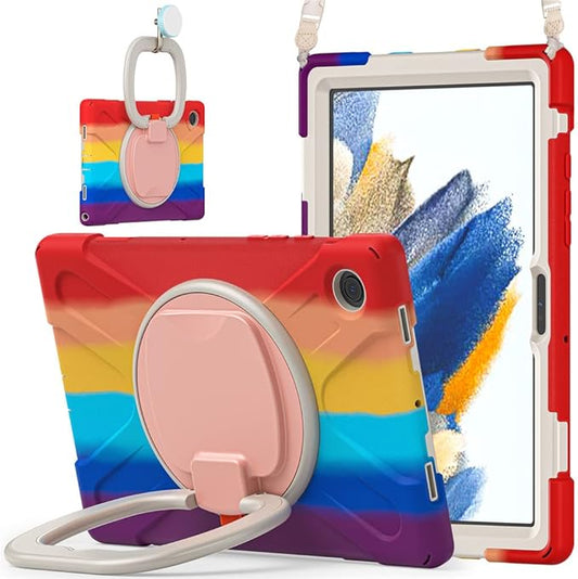 360 Rotation Case for Samsung Galaxy Tab A8 10.5" Sturdy Cover Rotate Ring Stand Shoulder Carrying Strap Hand Strap Rugged Children Adults Outdoor Case, Colourful Red