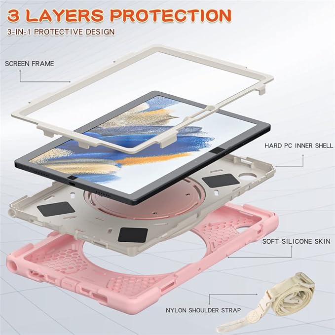 360 Rotation Case for Samsung Galaxy Tab A8 10.5" Sturdy Cover Rotate Ring Stand Shoulder Carrying Strap Hand Strap Rugged Children Adults Outdoor Case, Pink