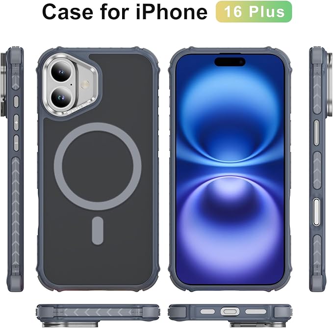 Magnetic for iPhone 16 Plus Case Gray with MagSafe Wireless Charging Heavy Duty Military-Grade Shockproof Protection Adjustable Kickstand Slim Matte Anti-Fingerprint Cover Men Women