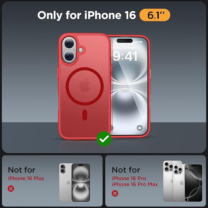Miracase Magnetic Series for iPhone 16 Case [Compatible with MagSafe] [with 2X Screen Protectors] Military-Grade Protection, Anti-Fingerprint, Slim Phone Case for iPhone 16 6.1 inch - Red