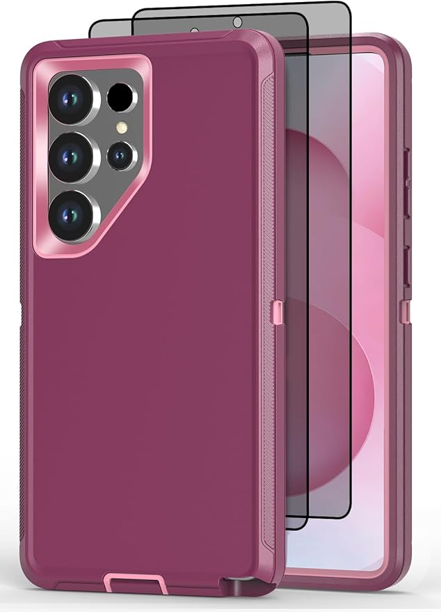Designed for Samsung Galaxy S24 Ultra Case [with Privacy Screen Protector] 3-Layer Full Body Protection Rugged Shockproof Heavy Duty Phone Case Cover, Purple/Pink