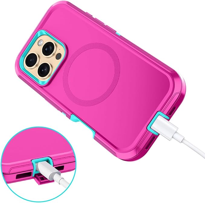 for iPhone 16 Pro Case [Compatible with MagSafe] Shockproof 3-Layer Full Body Protection [Without Screen Protector] Rugged Heavy Duty Cover Case for Apple iPhone 16 Pro 6.3",Rose Red/Green