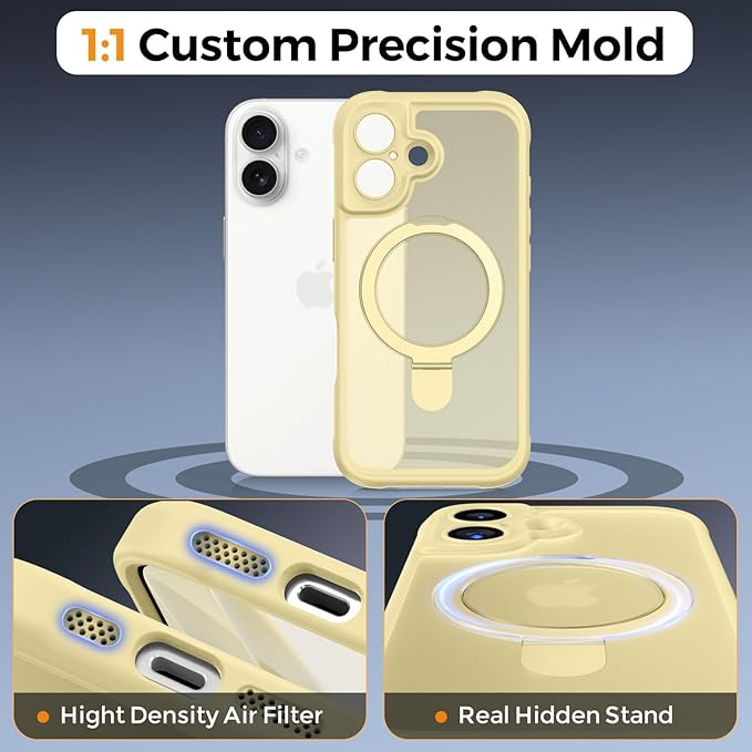 MOCCA Compatible with iPhone 17 Case with Magnetic Invisible Stand [Full Camera Protection] [Compatible with Magsafe] Military Drop Shockproof Translucent Matte Phone Case Cover 6.3",Creamy Yellow