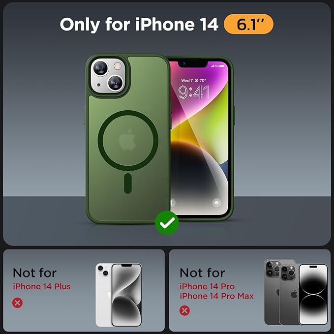 Miracase Magnetic for iPhone 14 Case 6.1 inch (Compatible with MagSafe)（with 2X Screen Protectors） Military-Grade Protection, Anti-Fingerprint Translucent Matte Phone Case Cover, Dark Green