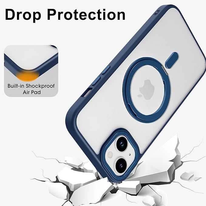 ZIYE Magnetic Case for iPhone 15 Plus Case with Stand [Compatible with MagSafe] Slim Shockproof Military Grade Heavy Duty Cover with 360 Rotatable Ring Kickstand for Women Men, Translucent Blue