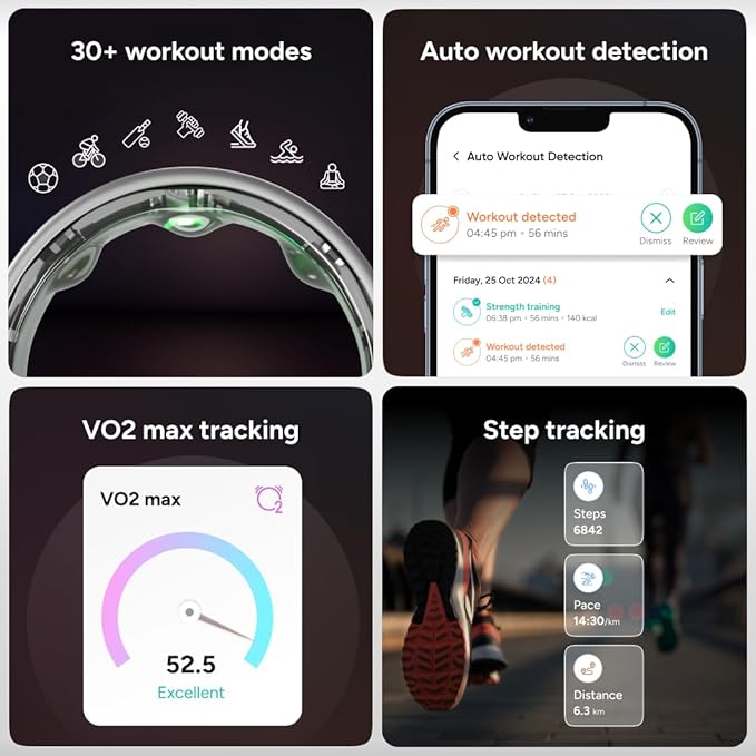 Gabit Smart Ring | Sleep, Fitness, Nutrition, Stress | 7+ Day Battery, 30+ Workout Modes, AI Health Coach, Weight Loss | Buy Sizing Kit First | Health Tracker for Men & Women |Titanium, Matte Silver 8