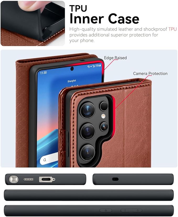 OCASE Compatible with Galaxy S25 Ultra Wallet Case, PU Leather Flip Folio Case with Card Holders RFID Blocking Kickstand [Shockproof TPU Inner Shell] Protective Phone Cover 2025, Dark Brown