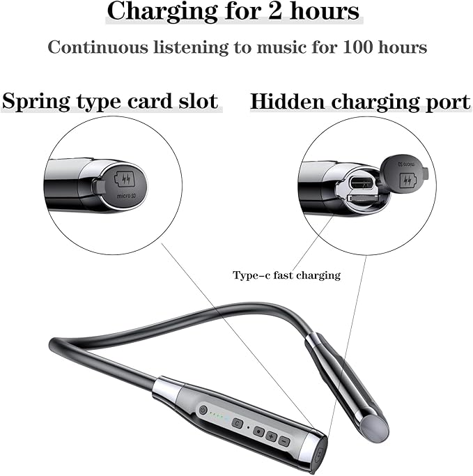 Wireless Bluetooth 5.0 Neck Earbuds with 100 Hours of Playback, IPX5 Waterproof Sports Earphones with Microphone, Magnetic, TF Card Slot, for Gym Running Exercises (A12)