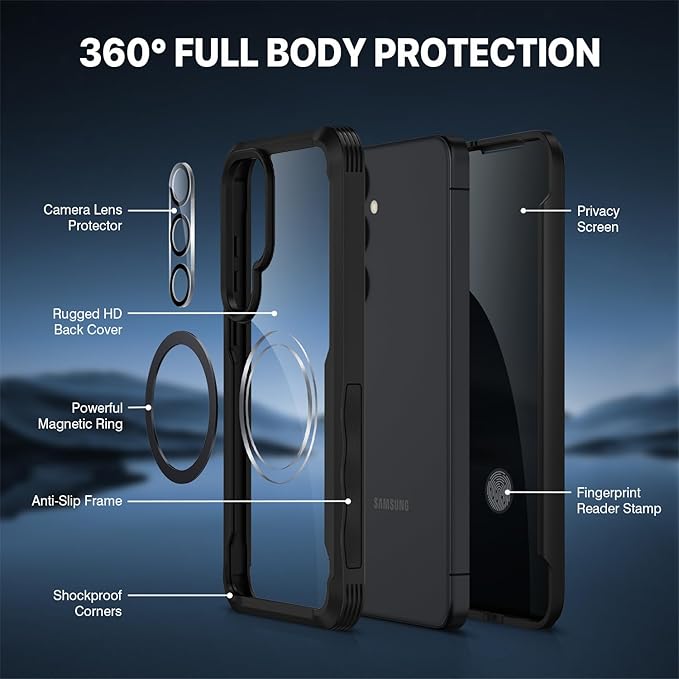 CENHUFO Magnetic Privacy for Samsung Galaxy S25 Plus Case, Full Body Phone Case with Built-in 9H Tempered Glass Privacy Screen Protector and Camera Lens Cover, Shockproof Protective Bumper - Black