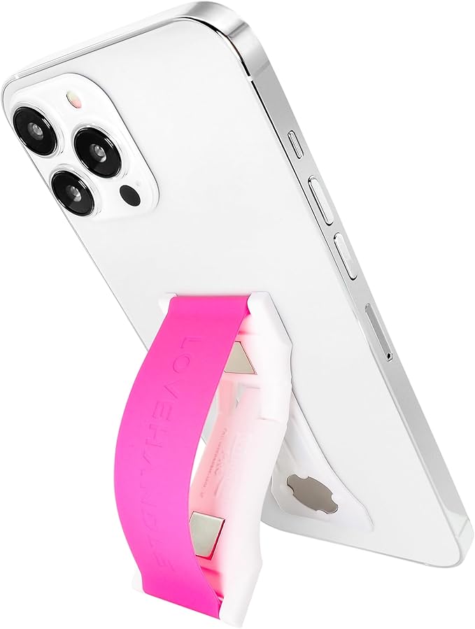 LOVEHANDLE PRO Premium Phone Grip - Silicone Phone Strap - Magnetic Phone Mount and Kickstand for Smartphone and Tablet - Hot Pink Silicone on White Base