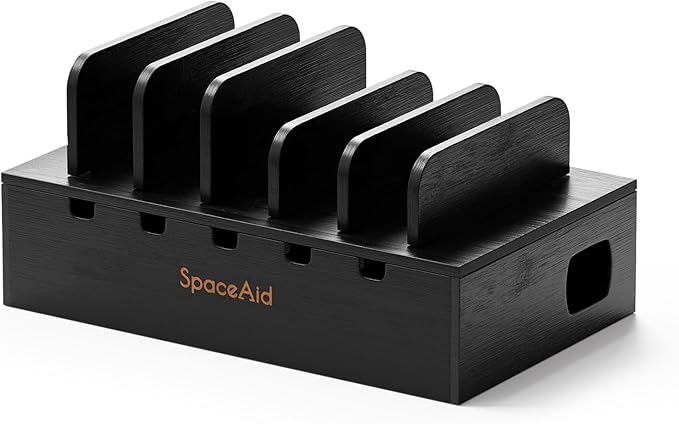 SpaceAid Bamboo Charging Station for Multiple Devices, Cell Phone Docking Stations for Multi Laptop, Tablets and iPads, Nightstand Bedside Desk Device Charger Organizer (Black)