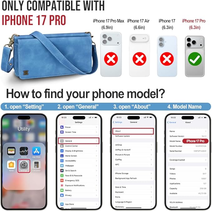 for iPhone 17 Pro Wallet Phone Case with 7 Card Holder,RFID Blocking | PU Leather | Kickstand | Flip | Wrist Strap&Shoulder Strap | Shockproof | Zipper Wallet | Women Men | 6.3" | Sky Blue