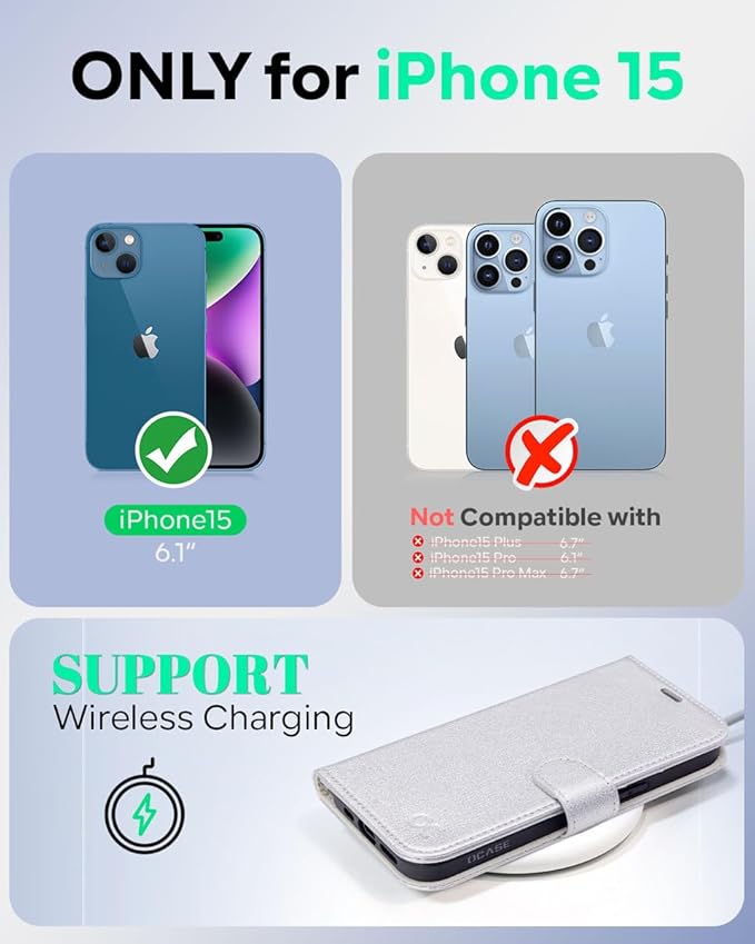 OCASE Compatible with iPhone 15 Wallet Case, PU Leather Flip Folio Case with Card Holders RFID Blocking Kickstand [Shockproof TPU Inner Shell] Phone Cover 6.1 Inch 2023,Silvery