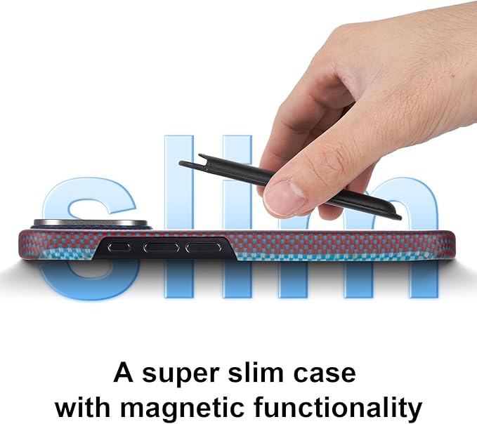 Aramid Fiber Case for iPhone 16 Pro Max, Compatible with Magnet, Slim & Light, Case-Less Touch Feeling, Red-Blue Stripes