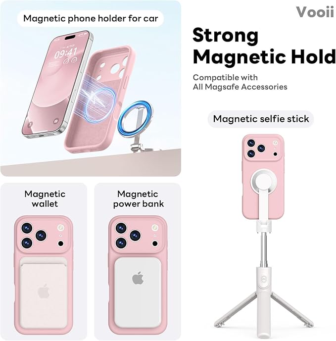 Vooii Magnetic Compatible with iPhone 17 Pro Case (Compatible with Magsafe) (Upgraded Camera Protection) Liquid Silicone Shockproof Full Body Protective Phone Cover for Women Men, Pink Sand, 6.3”