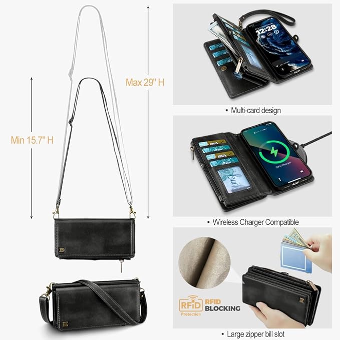 for iPhone 17 Pro Wallet Phone Case with 7 Card Holder,RFID Blocking | PU Leather | Kickstand | Flip | Wrist Strap&Shoulder Strap | Shockproof | Zipper Wallet | Women Men | 6.3" | Black