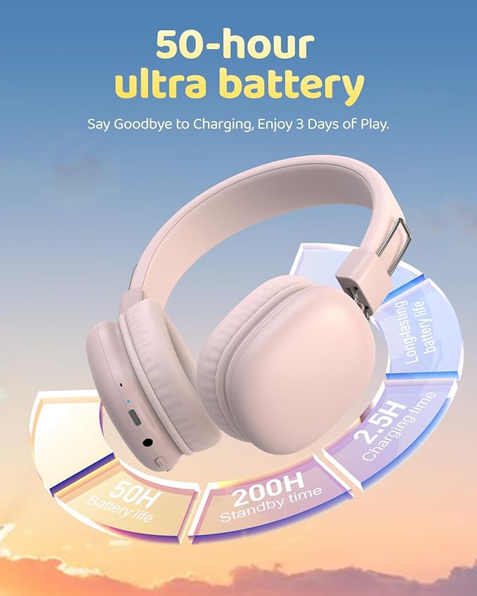 Kids Bluetooth Headphones, Over-Ear Wireless Headphones with Microphone, Safe-Volume 85dBA, Bluetooth 5.4, Foldable Lightweight and Comfortable, 50H Playtime, USB-C Charging, Pink