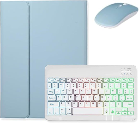 Backlit Keyboard for Galaxy Tab S9 FE+ 12.4″/ Tab S10+ / Tab S9+ /S8+/S7+/S7 FE 12.4 inch Case with Mouse and Magnetic Detachable Backlight Color Keyboard,Mist Blue+White
