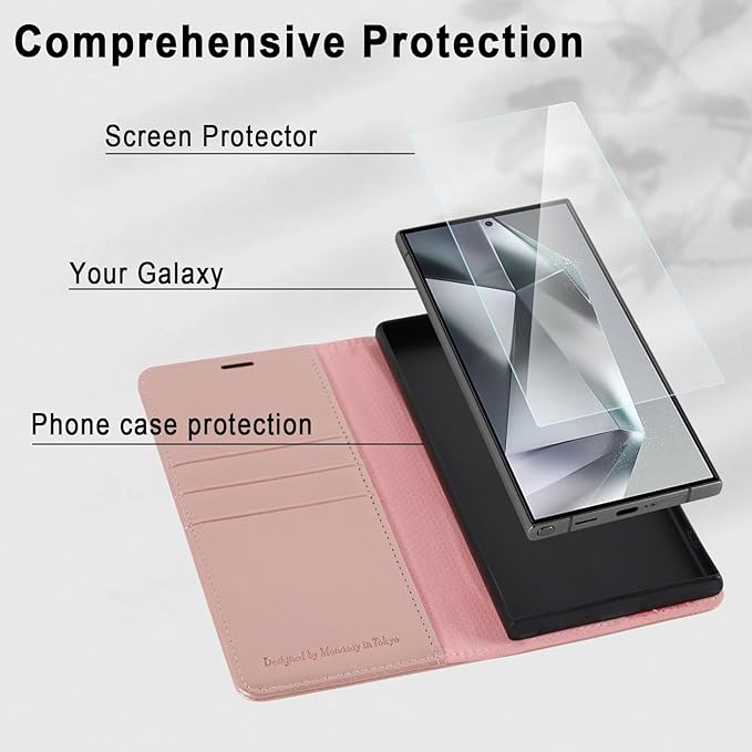 MONASAY Wallet Case Fit for Samsung Galaxy S24 Ultra 5G，[Lens & Glass Screen Protector] [RFID Blocking] Flip Folio Leather Cell Phone Cover with Credit Card Holder, 6.8 inch, Rosegold