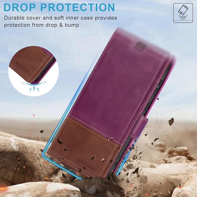 KEZiHOME for Samsung Galaxy S24+ Plus 5G Case, Genuine Leather Wallet Case Flip Cover Stand RFID Blocking Card Holder Magnetic Compatible with Galaxy S24 Plus 5G (2024) (Purple/Brown)
