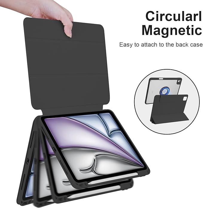 Case for iPad Air 13 Inch M3/M2 2025/2024, iPad Pro 12.9 Inch 6th/5th Generation 2022/2021 with Pencil Holder, Vertical Stand, Detachable Magnetic Trifold Stand Case,Auto Wake/Sleep, Black