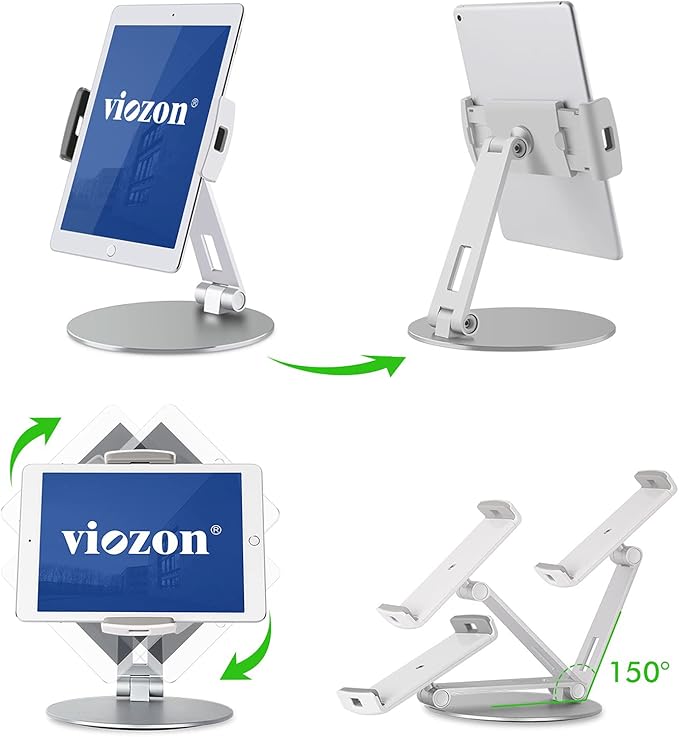 Viozon Tablet Stand and Holders with Adjustable Range and Height Aluminum Stand Compatible with iPad/iPad pro/ipad Mini/Cellphone/Kindle Desk Holder fits 3.5-13inches, 360° Swivel Adjustable Base