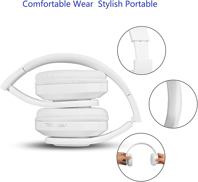Wireless Bluetooth Headphones with Colorful LED Lights, Built-in Mic, Light Weight, Foldable, Wired HiFi Stereo Headphones for Classroom/Home Office/PC/Mobile Phone/Kids Adult (White)
