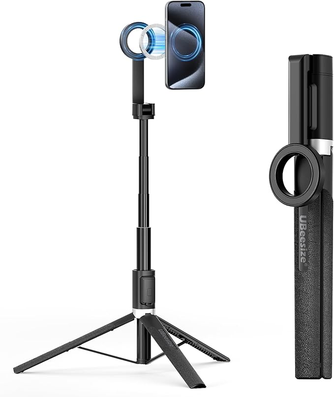 UBeesize Magnetic Tripod for iPhone with Remote, 64’’ Extendable Phone Stand for Video Recording/Vlogging, N52 Strong Holder for iPhone 12-17/Android, Portable Travel Selfie Stick Tripod(Black)
