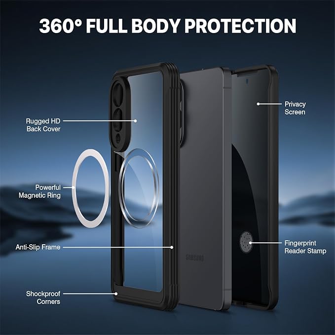 CENHUFO Magnetic Privacy for Samsung Galaxy S25 Edge Case, Full Body Phone Case with Built-in 9H Tempered Glass Privacy Screen Protector and Camera Protector, Shockproof Bumper Clear Cover - Black