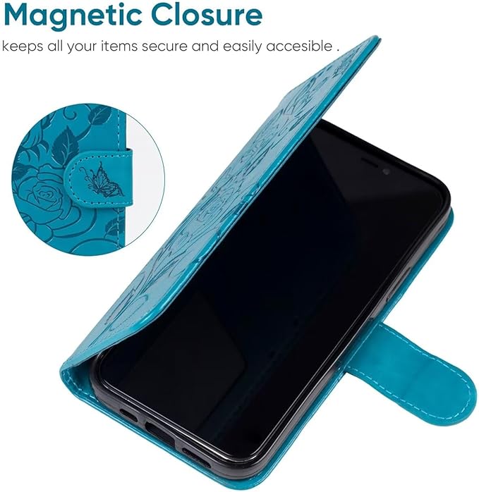 Case for iPhone 13 Case, iPhone 14 Wallet Case with Tempered Glass Screen Protector, Flower Leather Flip Credit Card Holder Stand Phone Cover Cases for iPhone 14 Blue