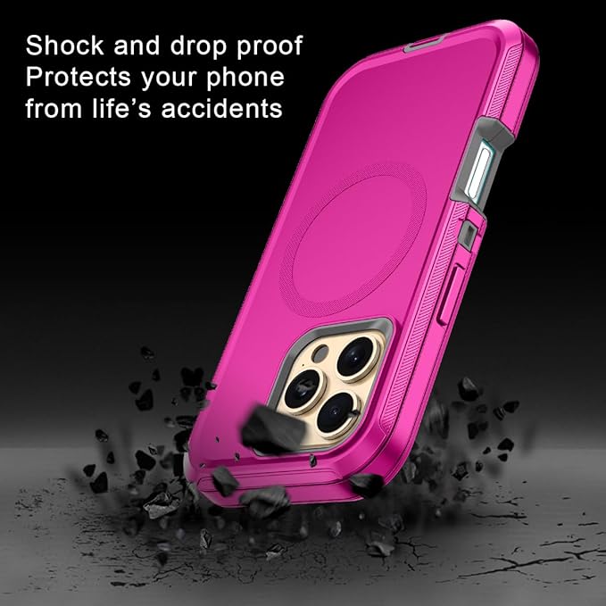 for iPhone 16 Pro Max Case [Compatible with MagSafe] Shockproof 3-Layer Full Body Protection [Without Screen Protector] Rugged Heavy Duty Cover Case for Apple iPhone 16 Pro Max,Rose Red/Grey