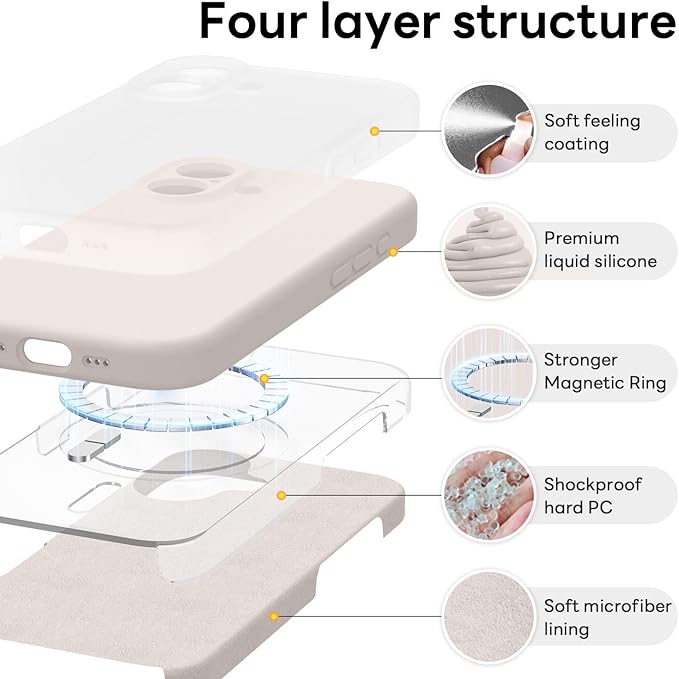 Vooii Magnetic Compatible with iPhone 17 Case (Compatible with Magsafe) (Upgraded Camera Protection) Liquid Silicone Shockproof Full Body Protective Phone Cover for Women Men, Stone, 6.3"