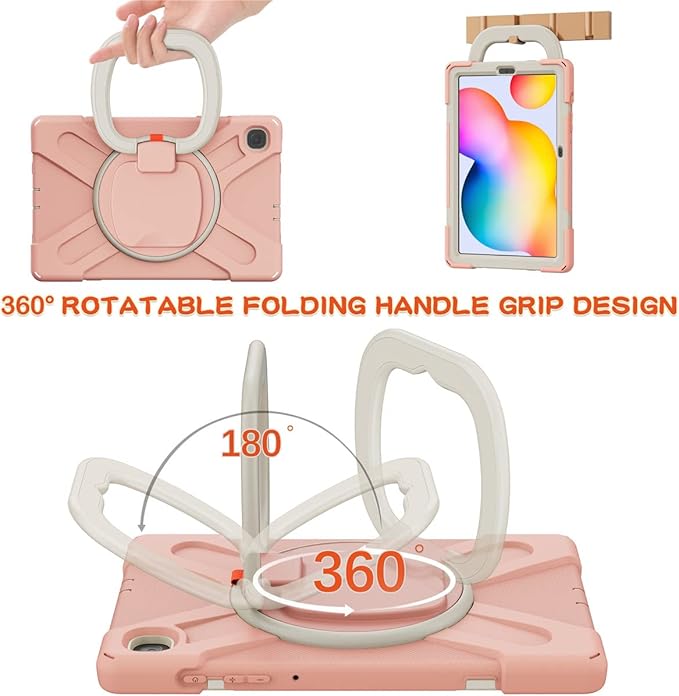 360 Rotation Case for Samsung Galaxy Tab S6 Lite 10.4" Sturdy Cover Rotate Ring Stand Shoulder Carrying Strap Hand Strap Rugged Children Adults Outdoor Case (Pink)