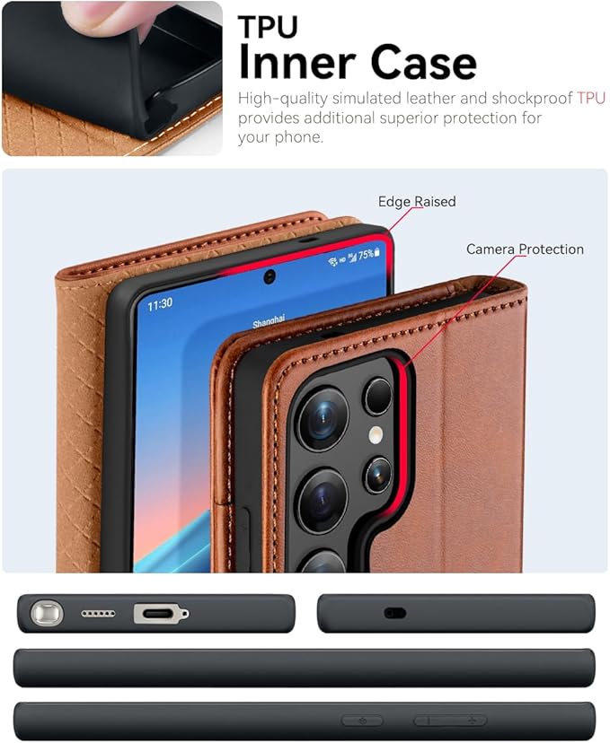 OCASE Compatible with Galaxy S25 Ultra Wallet Case, PU Leather Flip Folio Case with Card Holders RFID Blocking Kickstand [Shockproof TPU Inner Shell] Protective Phone Cover 2025, Brown