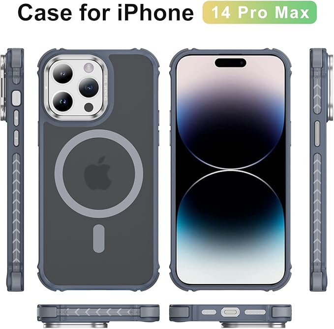 Magnetic for iPhone 14 Pro Max Case Gray with MagSafe Wireless Charging Heavy Duty Military-Grade Shockproof Protection Adjustable Kickstand Slim Matte Anti-Fingerprint Cover Men Women