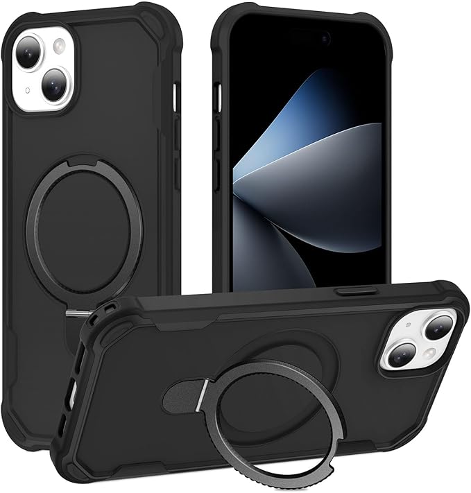 Compatible with iPhone 15 Case with Invisible Magnetic Ring Stand [Compatible with Magnetic] [Military Drop Protection] Shockproof Slim Hard Back Soft Edge Case 6.1 Inch, Black