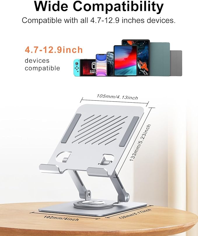 JUANWE Tablet Stand Holder with 360° Rotating Base, Adjustable Foldable iPad Stand, Aluminium Tablet Holder for Desk, Compatible with iPad Pro/Air//Mini, Switch, iPhone15 and More (4-13 inch)