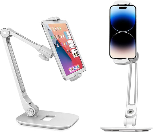 Tablet Stand Universal Holder for 4.9" - 12.9" Devices, 360° Rotating Security Stand for iPad, iPad Air, Samsung, Height Adjustable Foldable Table Top (White)