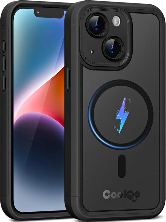 COOLQO Magnetic for iPhone 14 Plus/15 Plus Case, Compatible with MagSafe, Dual Layer Design Military Grade Protection, Translucent Matte Scratch-Resistant Back Protective Shockproof Phone Case, Black