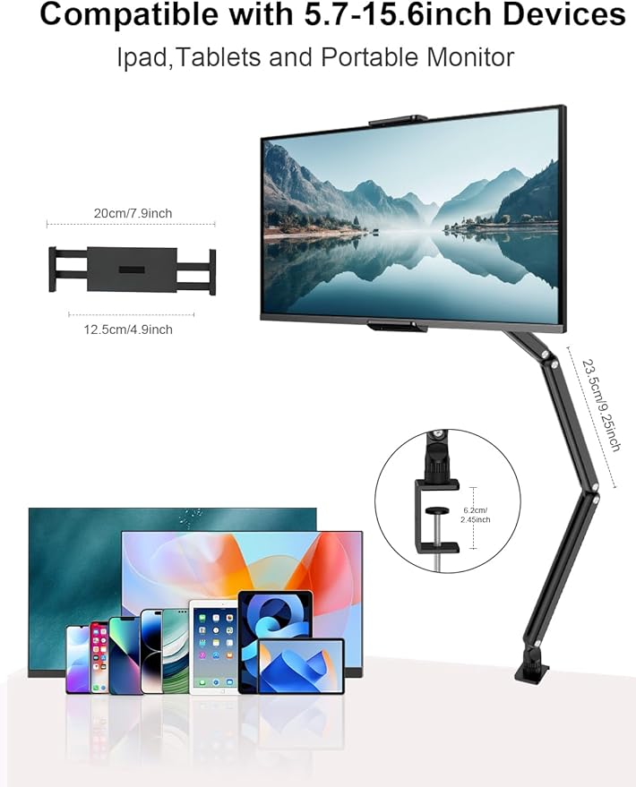 Adjustable Aluminum Tablet Stand, Foldable Arm for Desk/Bed, 360° Rotation, Compatible with iPad Pro 12.9/11, Air, Mini, Samsung Tabs, Nintendo Switch, 5.1''-15.9'' Devices - Sturdy & Portable