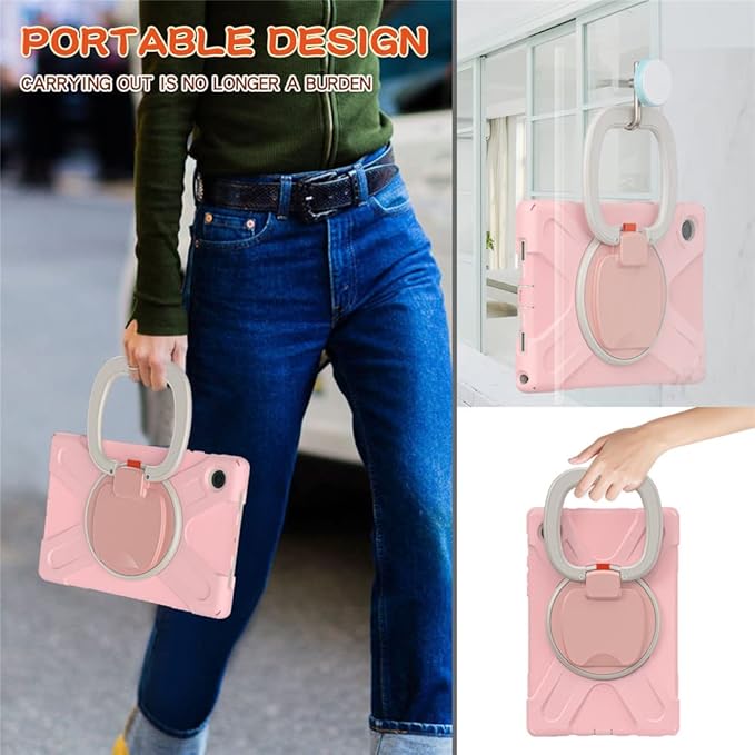 360 Rotation Case for Samsung Galaxy Tab A8 10.5" Sturdy Cover Rotate Ring Stand Shoulder Carrying Strap Hand Strap Rugged Children Adults Outdoor Case, Pink