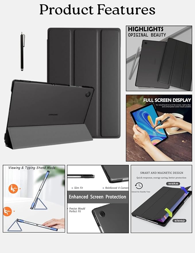 Cover for Samsung Galaxy Tab A9 Plus 11 inch Case Cover, Smart Flip Case Cover for Samsung Galaxy Tab A9+ 11 inch Translucent Back with Stylus Pen, Black