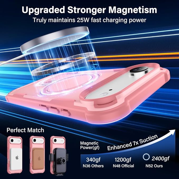 Designed for iPhone 17 Air Case with Magnetic Stand [Military Drop Protection][Compatible with Magnet] Shockproof 17 Air Phone Case with Ring Holder, Pink