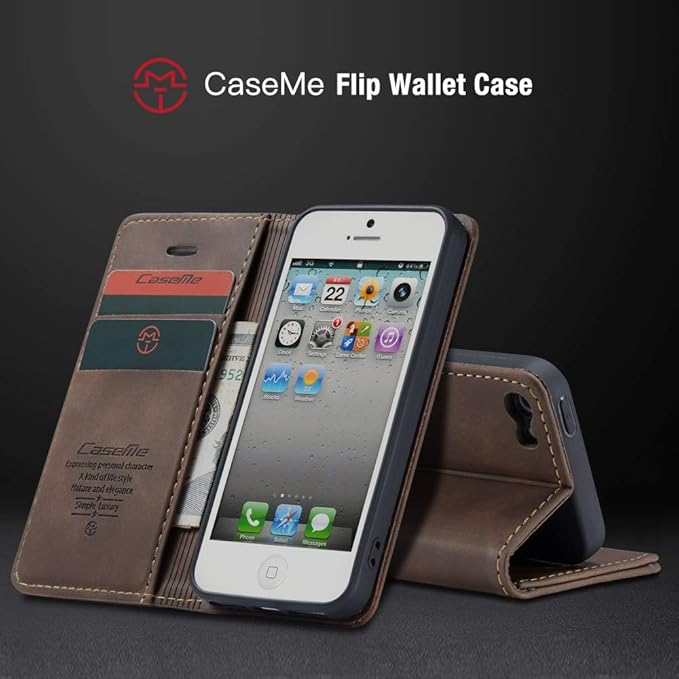 for iPhone 5 / iPhone 5S / iPhone SE (2016) Case, Flip Wallet Leather Case with Card Holder Magnetic Closure Shockproof Kickstand Protective Phone Cases Cover for iPhone 5S,Coffee