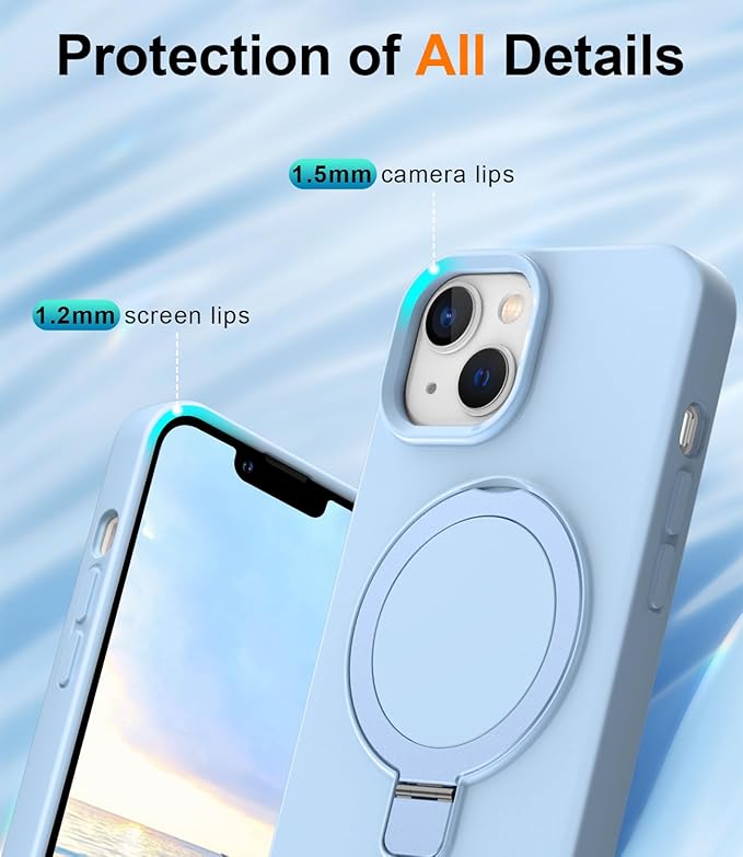 ZHK Liquid Silicone Designed for iPhone 13/14 Case with Magnet Stand, [Mil-Grade Drop Shockproof][Soft Anti-Scratch Microfiber Lining] Slim Fit Cover,Baby Blue