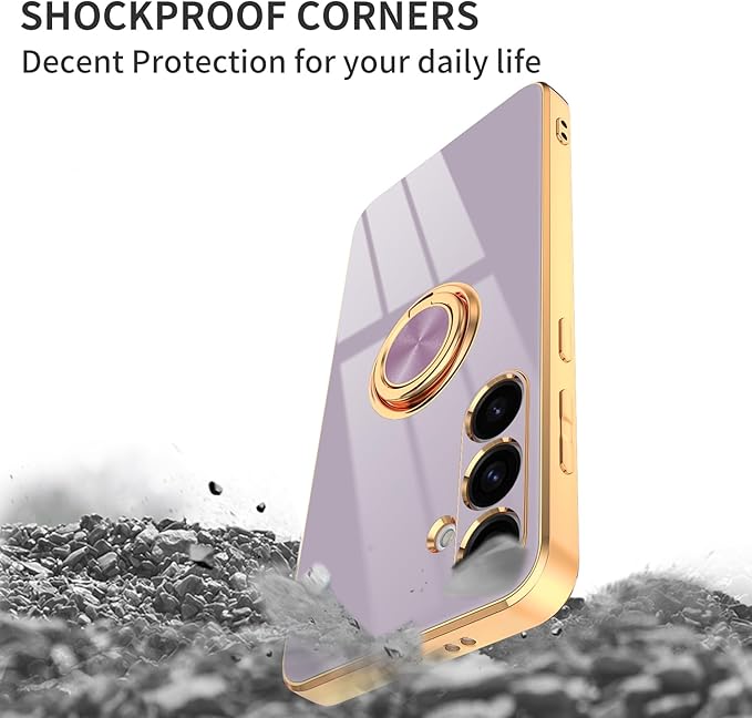 Dinick Purple for Samsung Galaxy S24+ Case with Ring Holder Kickstand [with Magnetic] Soft TPU Bumper, Glitter Gold Electroplated Cover Slim Thin Protective Phone Case for Galaxy S24 Plus