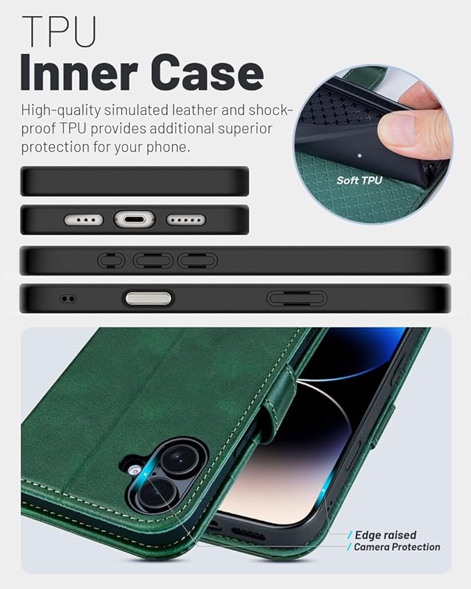 OCASE Compatible with iPhone 16 Wallet Case, PU Leather Flip Folio Case with Card Holders RFID Blocking Kickstand [Shockproof TPU Inner Shell] Phone Cover 6.1 Inch 2024, Blackish Green