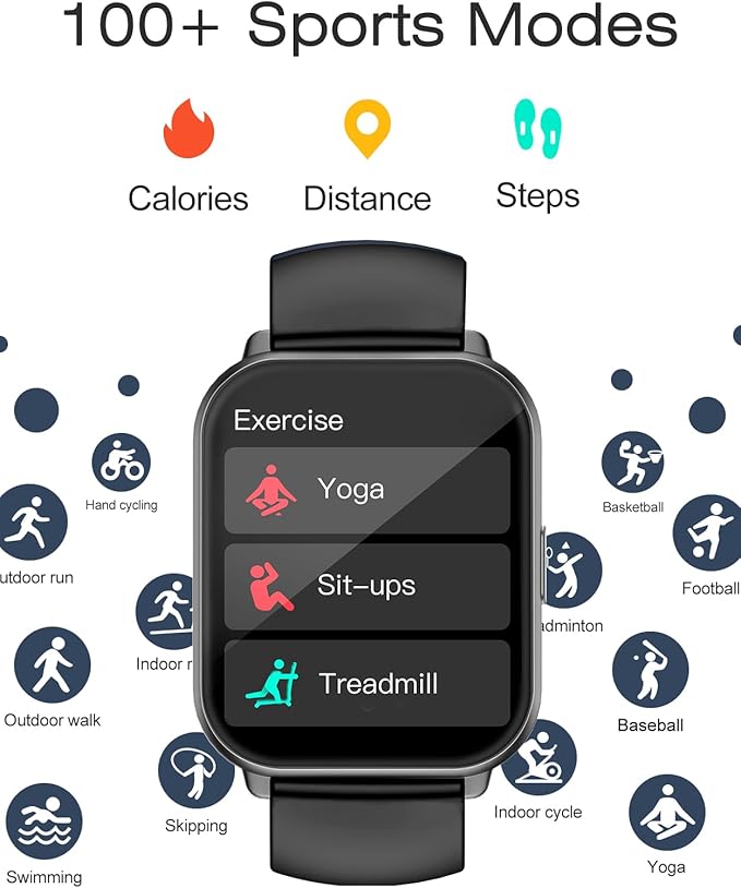 Smart Watches for Women Men (Answer/Make Calls, 3 Bands), 1.85" Fitness Tracker Watch for iPhone/Android Phones with Heart Rate Monitor Sleep/Steps Tracker 100+ Sports Pedometer Waterproof (Black)